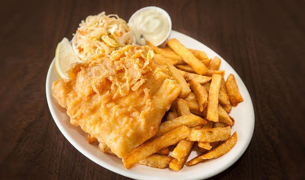 Beer battered cod with fries and coleslaw